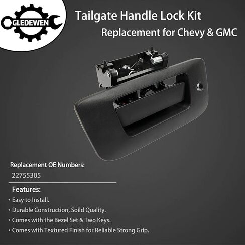 Gledewen Tailgate Door Handle & Bezel Lock Set, Compatible with 2007-2014 Chevy Silverado & GMC Sierra 1500 2500 3500, Exterior Rear Textured Tail gate Handle with Key, Replace# 22755305 in Saudi Arabia