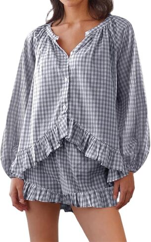 Thopavenoir المرأة منقوشة 2 قطعة ملابس بيجامة زر أسفل كشكش بيبي دول قميص + السراويل واسعة الساق Pj صالة مجموعات ملابس خاصة in Kuwait