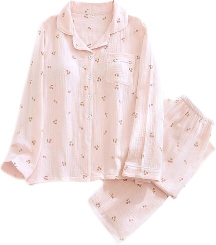 طقم بيجامة موسلين نسائي من القطن الشاش مكون من قطعتين طقم صالة بأزرار للأسفل حمالة صدر مدمجة وسراويل نوم مريحة وجذابة in Kuwait