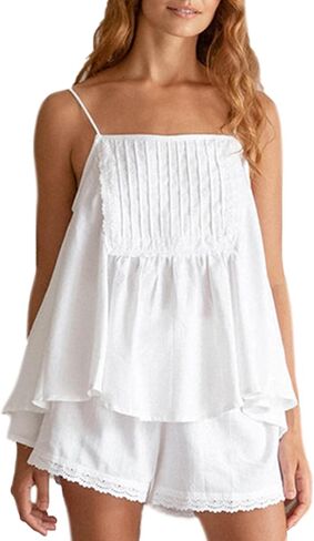 طقم بيجامات نسائي بدون أكمام بحزام سباغيتي مكشكش، طقم بيجامات مريح in Kuwait