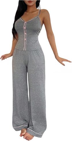 Verdusa Women's 2 Piece Pajama Set Button Contrast Trim Camisole Tops with Pants Sleepwear in Saudi Arabia