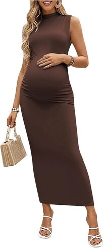 OYOANGLE Women's Maternity Mock Neck Sleeveless Ruched Dress Pregnancy Bodycon Maxi Tank Dresses in Saudi Arabia