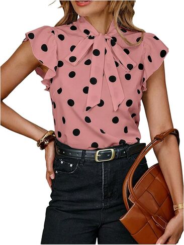Floerns Women's Polka Dots Tie Neck Blouse Ruffle Cap Sleeve Business Casual Shirts in Saudi Arabia