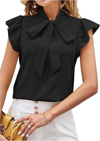 Floerns Women's Polka Dots Tie Neck Blouse Ruffle Cap Sleeve Business Casual Shirts in Saudi Arabia