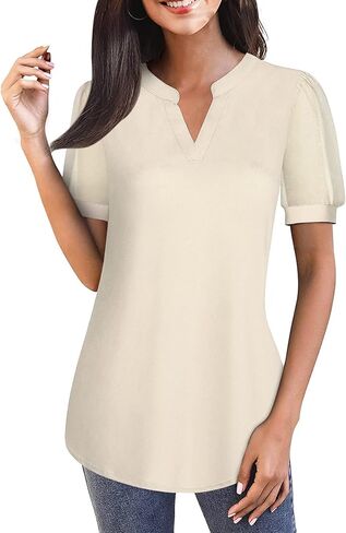 Womens Puff Sleeve Polka Dot V Neck Chiffon Blouses Cute Trendy Dressy Casual Tops in Kuwait