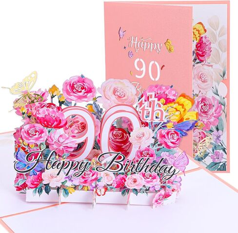 Happy 90th Birthday Card, 3D Floral Pop up 90th Birthday Cards for Women Wife Mom Sister Friend, Elegant Greeting Cards Birth Day Gifts Includes Blank Envelope, 5" X7" in Saudi Arabia
