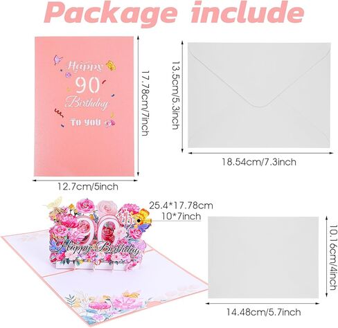 Happy 90th Birthday Card, 3D Floral Pop up 90th Birthday Cards for Women Wife Mom Sister Friend, Elegant Greeting Cards Birth Day Gifts Includes Blank Envelope, 5" X7" in Saudi Arabia