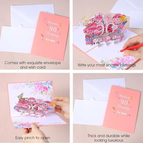 Happy 90th Birthday Card, 3D Floral Pop up 90th Birthday Cards for Women Wife Mom Sister Friend, Elegant Greeting Cards Birth Day Gifts Includes Blank Envelope, 5" X7" in Saudi Arabia