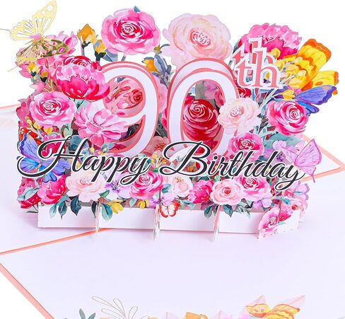 Happy 90th Birthday Card, 3D Floral Pop up 90th Birthday Cards for Women Wife Mom Sister Friend, Elegant Greeting Cards Birth Day Gifts Includes Blank Envelope, 5" X7" in Saudi Arabia