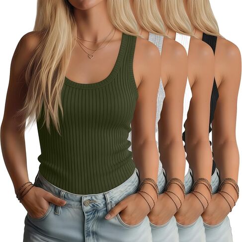 4 Pack Women's Ribbed Tank Tops Casual Scoop Neck Cotton Racerback Tanks Summer Slim Fit Sleeveless Tops Shirts in Kuwait