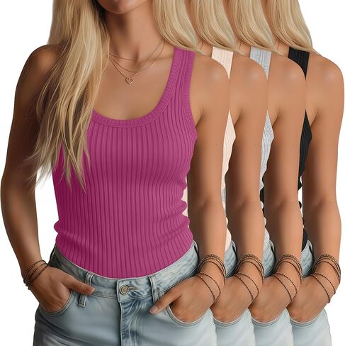 4 Pack Women's Ribbed Tank Tops Casual Scoop Neck Cotton Racerback Tanks Summer Slim Fit Sleeveless Tops Shirts in Saudi Arabia