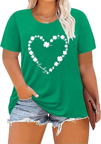 تي شيرت نسائي مقاس كبير لعيد القديس باتريك للسيدات Lucky Clover Graphic Irish تي شيرت كاجوال بأكمام قصيرة جرافيك in Kuwait