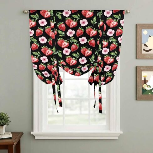 Strawberry Tie Up Curtains for Window, Red Fruit Flowers Leaf Tropical Summer Thermal Insulated Balloon Shade Adjustable Rod Pocket Curtains Valance Panels for Kitchen Bathroom Café 46'' x 63'' in Saudi Arabia
