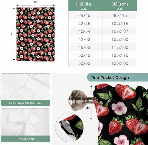 Strawberry Tie Up Curtains for Window, Red Fruit Flowers Leaf Tropical Summer Thermal Insulated Balloon Shade Adjustable Rod Pocket Curtains Valance Panels for Kitchen Bathroom Café 46'' x 63'' in Saudi Arabia