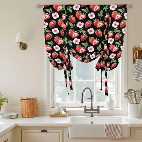 Strawberry Tie Up Curtains for Window, Red Fruit Flowers Leaf Tropical Summer Thermal Insulated Balloon Shade Adjustable Rod Pocket Curtains Valance Panels for Kitchen Bathroom Café 46'' x 63'' in Saudi Arabia