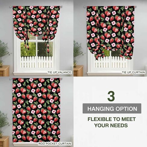 Strawberry Tie Up Curtains for Window, Red Fruit Flowers Leaf Tropical Summer Thermal Insulated Balloon Shade Adjustable Rod Pocket Curtains Valance Panels for Kitchen Bathroom Café 46'' x 63'' in Saudi Arabia