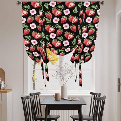 Strawberry Tie Up Curtains for Window, Red Fruit Flowers Leaf Tropical Summer Thermal Insulated Balloon Shade Adjustable Rod Pocket Curtains Valance Panels for Kitchen Bathroom Café 46'' x 63'' in Saudi Arabia