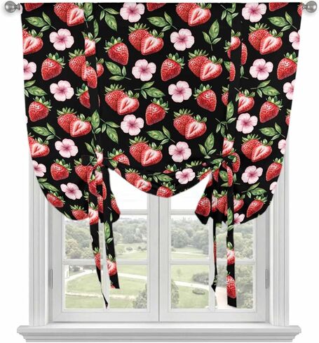Strawberry Tie Up Curtains for Window, Red Fruit Flowers Leaf Tropical Summer Thermal Insulated Balloon Shade Adjustable Rod Pocket Curtains Valance Panels for Kitchen Bathroom Café 46'' x 63'' in Saudi Arabia
