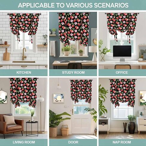 Strawberry Tie Up Curtains for Window, Red Fruit Flowers Leaf Tropical Summer Thermal Insulated Balloon Shade Adjustable Rod Pocket Curtains Valance Panels for Kitchen Bathroom Café 46'' x 63'' in Saudi Arabia