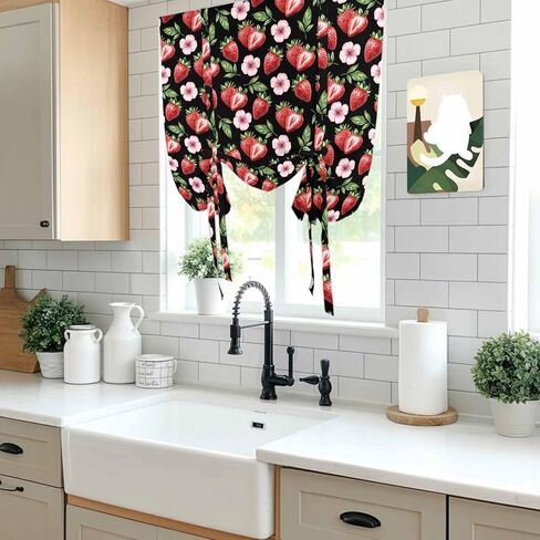 Strawberry Tie Up Curtains for Window, Red Fruit Flowers Leaf Tropical Summer Thermal Insulated Balloon Shade Adjustable Rod Pocket Curtains Valance Panels for Kitchen Bathroom Café 46'' x 63'' in Saudi Arabia