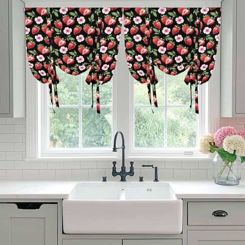Strawberry Tie Up Curtains for Window, Red Fruit Flowers Leaf Tropical Summer Thermal Insulated Balloon Shade Adjustable Rod Pocket Curtains Valance Panels for Kitchen Bathroom Café 46'' x 63'' in Saudi Arabia