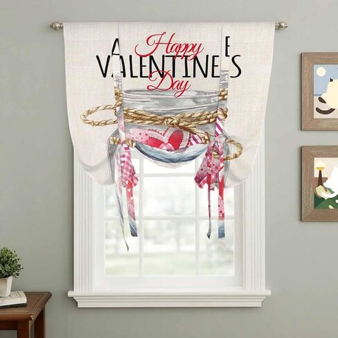 Valentine's Day Tie Up Curtains for Window, Rustic Pink Love Hearts Bottle Burlap Thermal Insulated Balloon Shade Adjustable Rod Pocket Curtains Valance Panels for Kitchen Bathroom Café 42'' x 45'' in Saudi Arabia