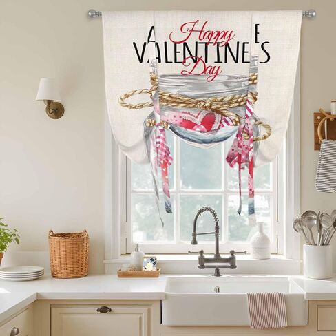 Valentine's Day Tie Up Curtains for Window, Rustic Pink Love Hearts Bottle Burlap Thermal Insulated Balloon Shade Adjustable Rod Pocket Curtains Valance Panels for Kitchen Bathroom Café 42'' x 45'' in Saudi Arabia