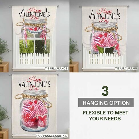 Valentine's Day Tie Up Curtains for Window, Rustic Pink Love Hearts Bottle Burlap Thermal Insulated Balloon Shade Adjustable Rod Pocket Curtains Valance Panels for Kitchen Bathroom Café 42'' x 45'' in Saudi Arabia