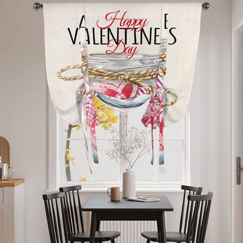 Valentine's Day Tie Up Curtains for Window, Rustic Pink Love Hearts Bottle Burlap Thermal Insulated Balloon Shade Adjustable Rod Pocket Curtains Valance Panels for Kitchen Bathroom Café 42'' x 45'' in Saudi Arabia