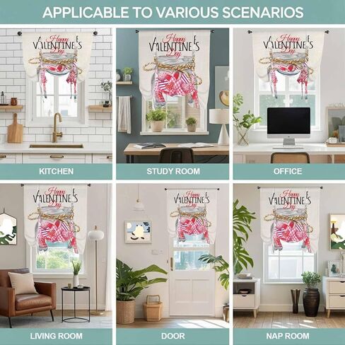 Valentine's Day Tie Up Curtains for Window, Rustic Pink Love Hearts Bottle Burlap Thermal Insulated Balloon Shade Adjustable Rod Pocket Curtains Valance Panels for Kitchen Bathroom Café 42'' x 45'' in Saudi Arabia