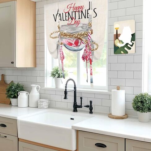 Valentine's Day Tie Up Curtains for Window, Rustic Pink Love Hearts Bottle Burlap Thermal Insulated Balloon Shade Adjustable Rod Pocket Curtains Valance Panels for Kitchen Bathroom Café 42'' x 45'' in Saudi Arabia