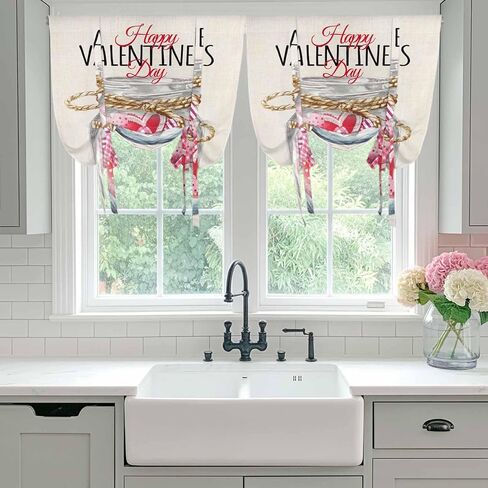 Valentine's Day Tie Up Curtains for Window, Rustic Pink Love Hearts Bottle Burlap Thermal Insulated Balloon Shade Adjustable Rod Pocket Curtains Valance Panels for Kitchen Bathroom Café 42'' x 45'' in Saudi Arabia
