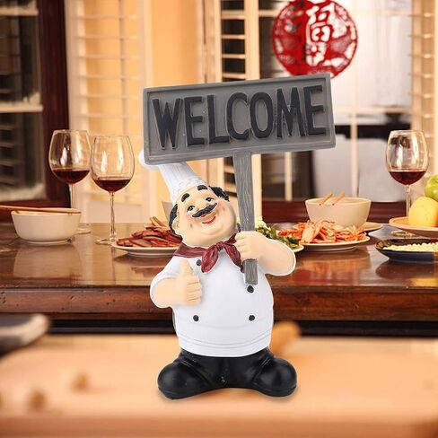 Chef Figurines Kitchen Decor, Holding Welcome Board Chef Decorative Figurine French Chef Sculpture Cook Statue Modern Desktop Statue Ornament for Home Bar Coffee Shop Decor in Kuwait