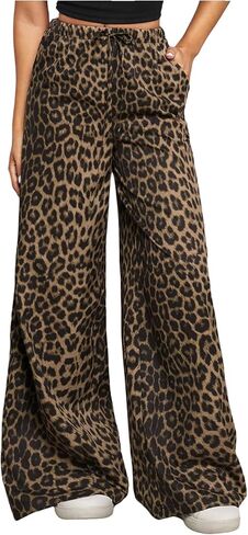 سروال نسائي من GORGLITTER بنطال الفهد بطبعة الفهد بنطال بأرجل واسعة وخصر عالي عصري فضفاض in Kuwait