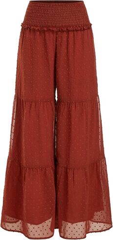 CIDER سروال نسائي واسع الساق سروال بالازو خصر مرن مكشكش هيم فلوي بوهو ملابس صيفية غير رسمية in Kuwait