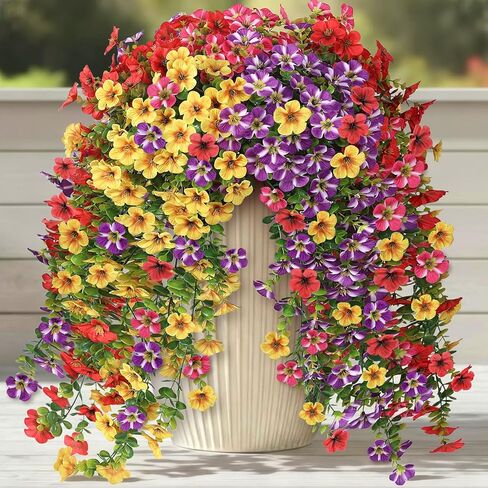 4 حزم VIERENA من زهور مجد الصباح الاصطناعية المعلقة للأماكن الخارجية، زهور معلقة واقعية من الحرير مجد الصباح المزيف مع الأوكالبتوس الصناعي لساحة حديقة الشرفة فناء شرفة ديكور المنزل (أرجواني) in Kuwait