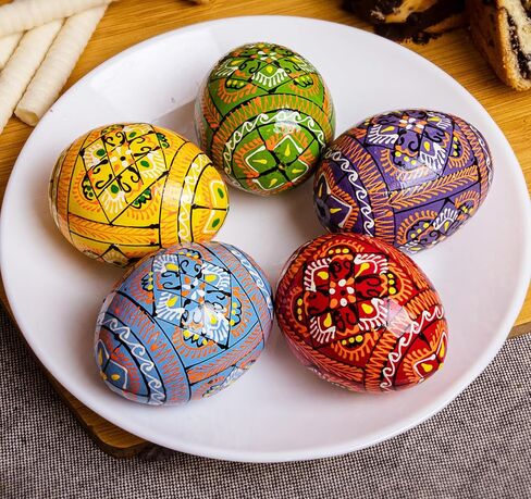 مجموعة 5 بيض عيد الفصح ديكور 2,5 بوصة بيسانكي بيض عيد الفصح الأوكراني الخشبي بيسانكا مزين لديكور المنزل وعاء بيض بيسانكي in Kuwait