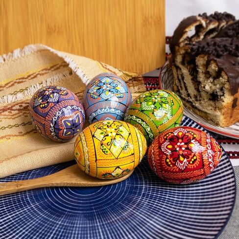 مجموعة 5 بيض عيد الفصح ديكور 2,5 بوصة بيسانكي بيض عيد الفصح الأوكراني الخشبي بيسانكا مزين لديكور المنزل وعاء بيض بيسانكي in Kuwait