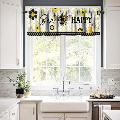 Bee Happy Curtain Valance, Yellow Sweet Honey White Daisy Kitchen Short Window Treatment for Dining Room Living Room Bedroom, 54x18Inch in Saudi Arabia