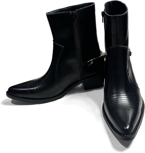 Western Cowboy Boots for Men Classic Embroidered Fashion Metal Chain Pointed Toe Chunky Heel Chelsea Boots Casual Retro Dress Side Zipper Ankle Boots in Kuwait