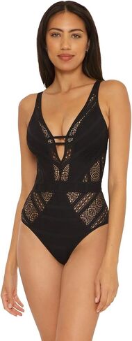 BECCA by Rebecca Virtue Color Play Crochet Plunge One-Piece Pink Flambe MD in Saudi Arabia