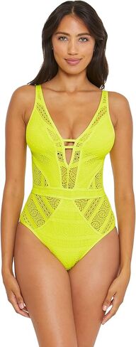 BECCA by Rebecca Virtue Color Play Crochet Plunge One-Piece Pink Flambe MD in Saudi Arabia