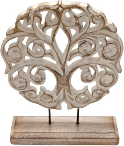 منحوتة شجرة الحياة من الخشب الصلب من VANIYA CRAFTS® - ديكور مزرعة مصنوع يدويًا لغرفة المعيشة، أو الرف، أو الوشاح، أو المدخل، أو طاولة القهوة، أو هدية الانتقال لمنزل جديد (أبيض عتيق) in Kuwait
