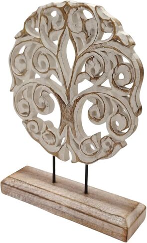 منحوتة شجرة الحياة من الخشب الصلب من VANIYA CRAFTS® - ديكور مزرعة مصنوع يدويًا لغرفة المعيشة، أو الرف، أو الوشاح، أو المدخل، أو طاولة القهوة، أو هدية الانتقال لمنزل جديد (أبيض عتيق) in Kuwait