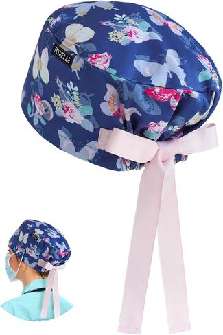 Butterfly Rose Euro Scrub Caps for Women with Buttons,Adjustable Head Cover with Ribbons, Premium Medical Surgical Hat for Long or Short Hair in Kuwait