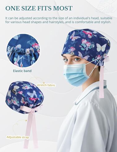 Butterfly Rose Euro Scrub Caps for Women with Buttons,Adjustable Head Cover with Ribbons, Premium Medical Surgical Hat for Long or Short Hair in Kuwait