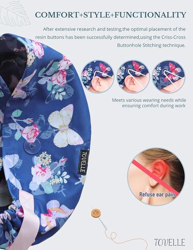Butterfly Rose Euro Scrub Caps for Women with Buttons,Adjustable Head Cover with Ribbons, Premium Medical Surgical Hat for Long or Short Hair in Kuwait
