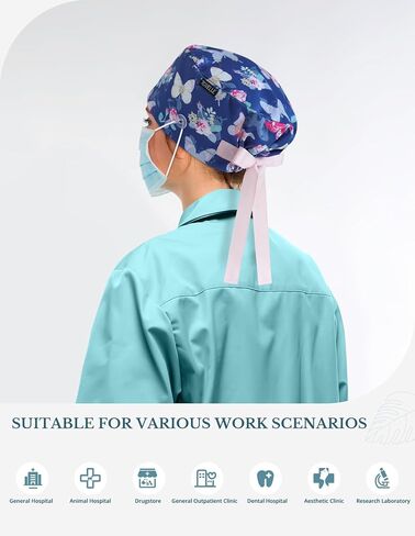 Butterfly Rose Euro Scrub Caps for Women with Buttons,Adjustable Head Cover with Ribbons, Premium Medical Surgical Hat for Long or Short Hair in Kuwait