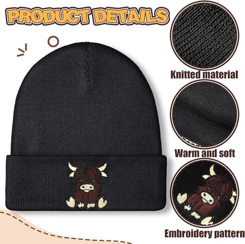 Hicarer Black Highland Cow Beanie Winter Hat for Women Cute Beanie Womens Winter Hat Gifts for Women Gifts Animal Lovers in Saudi Arabia