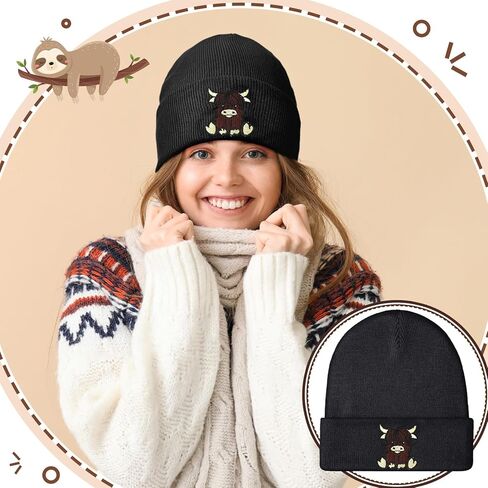 Hicarer Black Highland Cow Beanie Winter Hat for Women Cute Beanie Womens Winter Hat Gifts for Women Gifts Animal Lovers in Saudi Arabia